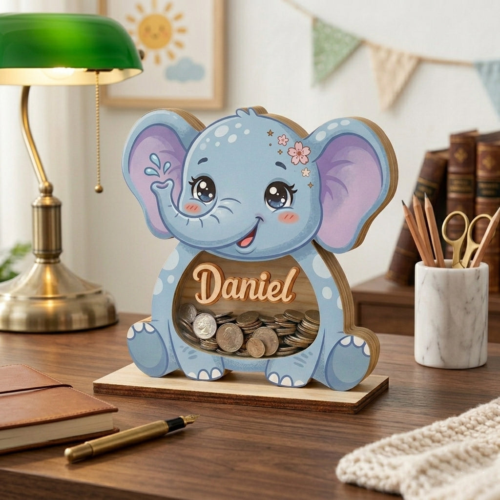 Personalized Elephant Piggy Bank, Custom Name Wooden Coin Bank, Baby Shower Gift, Nursery Decor, Kids Savings Bank, Cute Animal Money Box