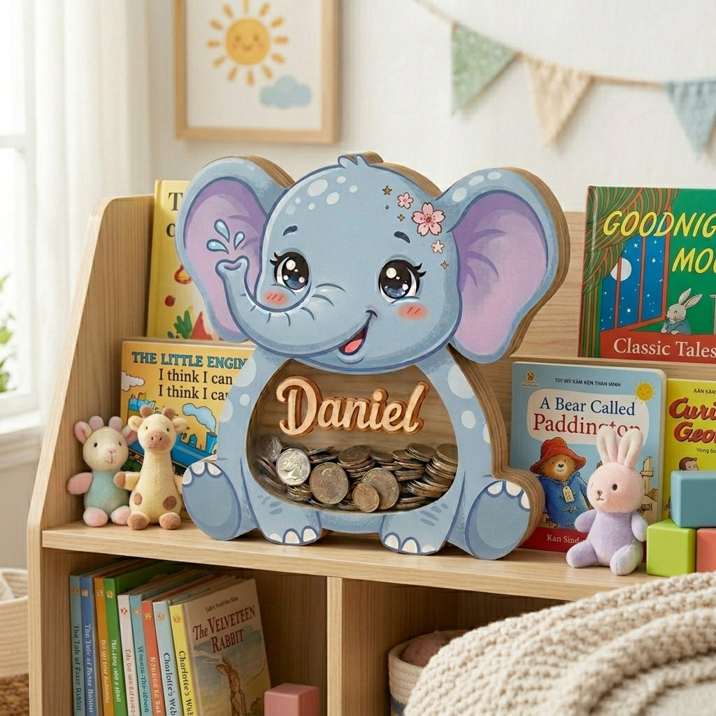 Personalized Elephant Piggy Bank, Custom Name Wooden Coin Bank, Baby Shower Gift, Nursery Decor, Kids Savings Bank, Cute Animal Money Box