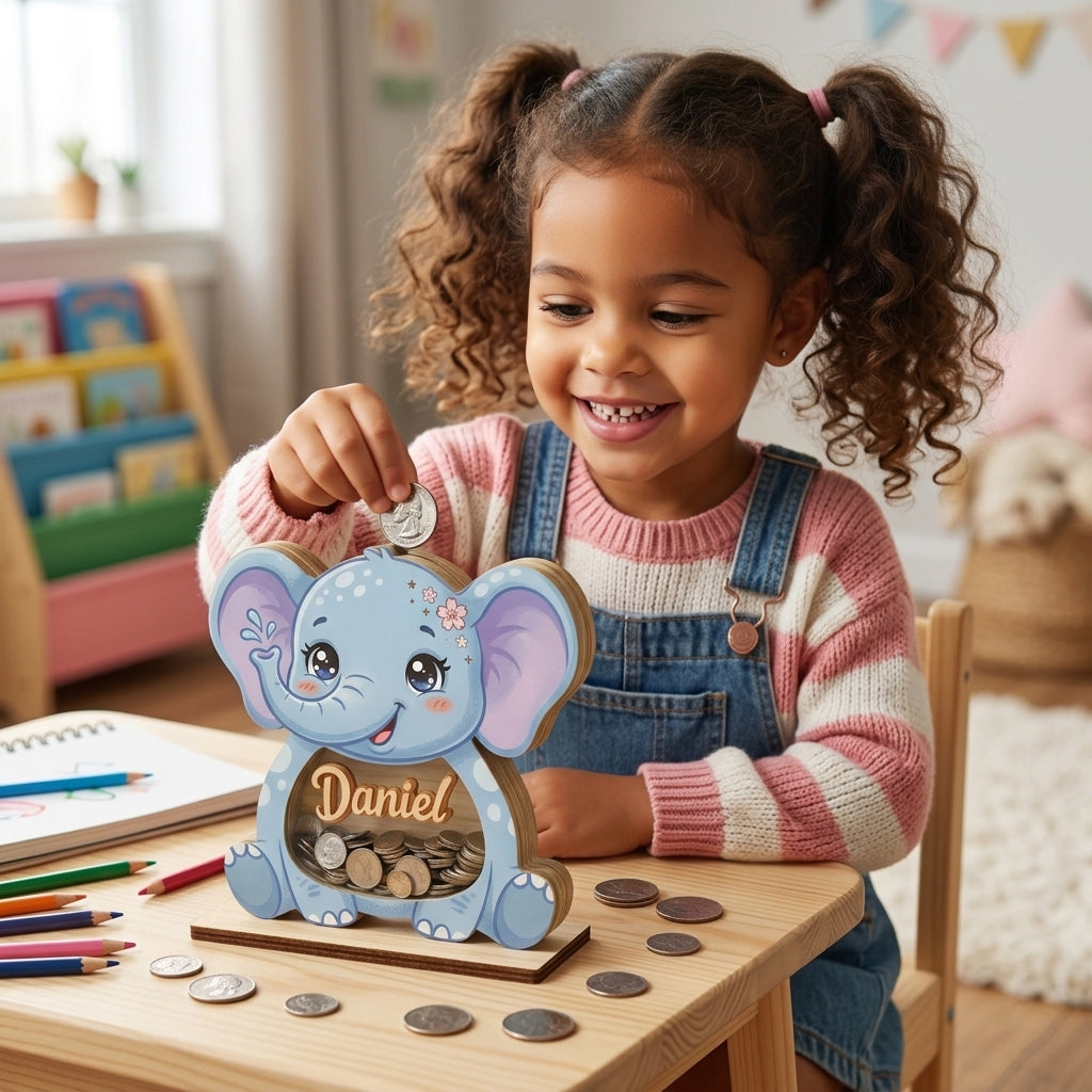 Personalized Elephant Piggy Bank, Custom Name Wooden Coin Bank, Baby Shower Gift, Nursery Decor, Kids Savings Bank, Cute Animal Money Box