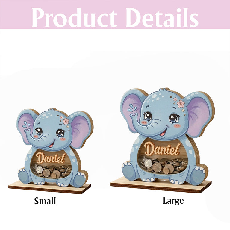 Personalized Elephant Piggy Bank, Custom Name Wooden Coin Bank, Baby Shower Gift, Nursery Decor, Kids Savings Bank, Cute Animal Money Box