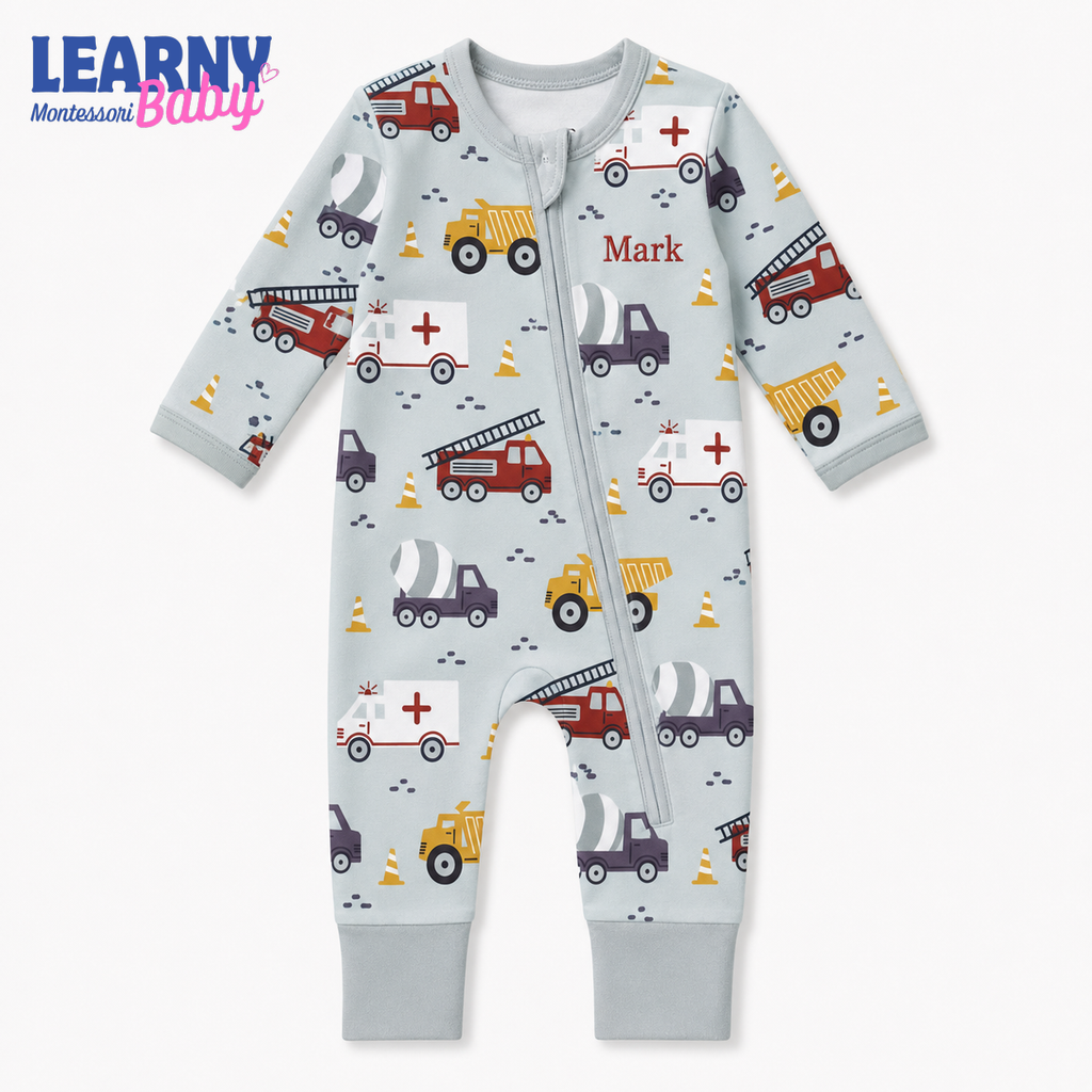 Baby Bamboo Convertible Zippy – Personalized Construction Vehicle Romper
