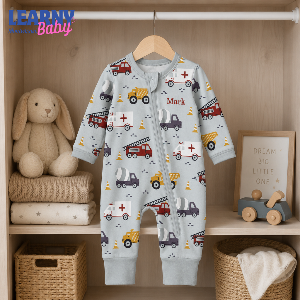 Baby Bamboo Convertible Zippy – Personalized Construction Vehicle Romper