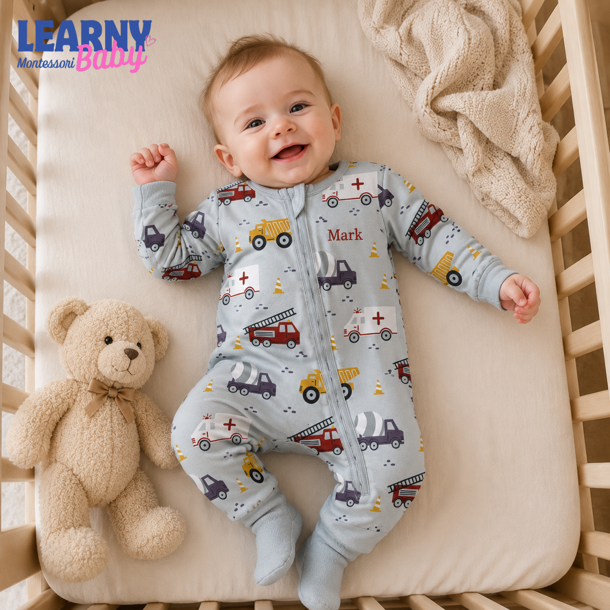 Baby Bamboo Convertible Zippy – Personalized Construction Vehicle Romper