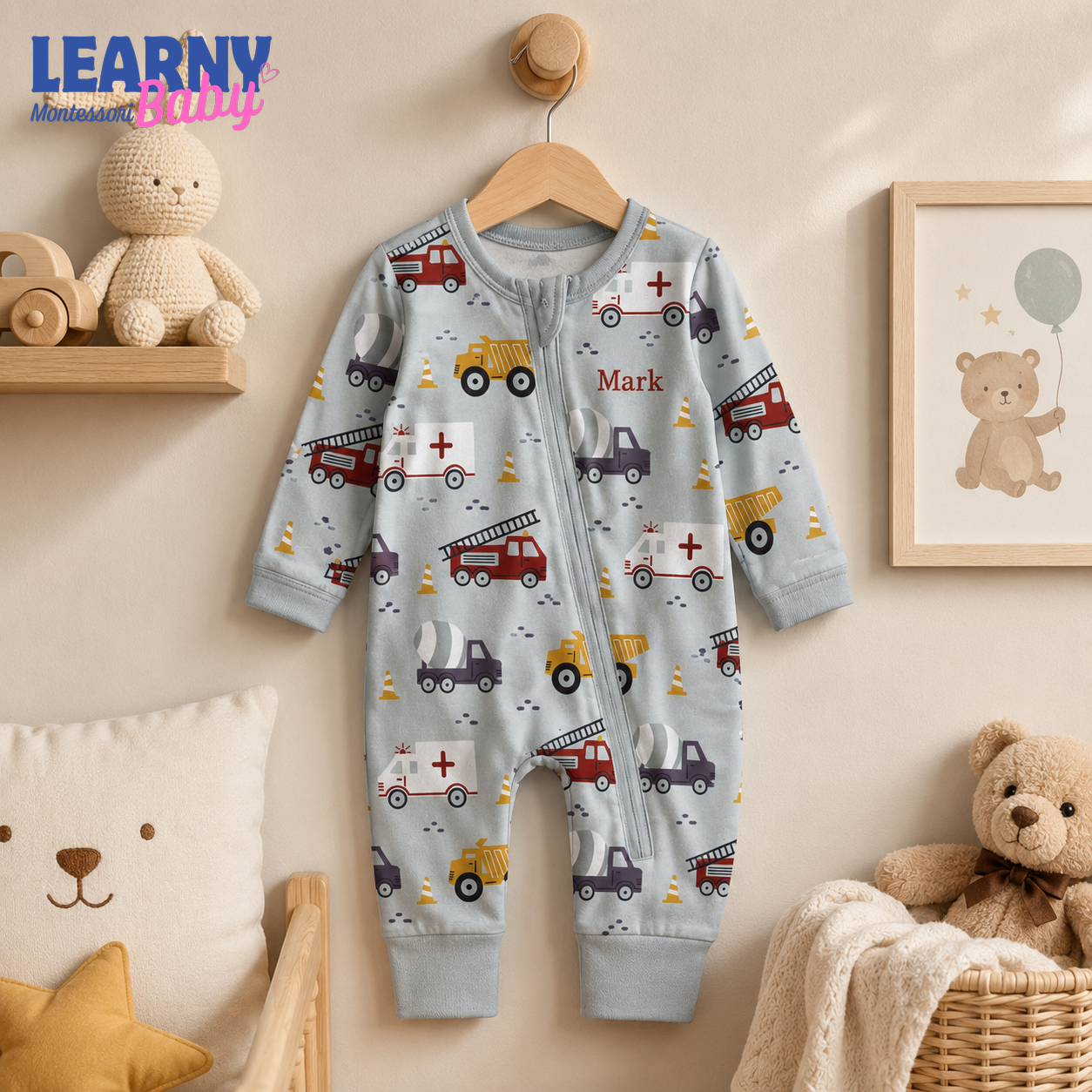 Baby Bamboo Convertible Zippy – Personalized Construction Vehicle Romper