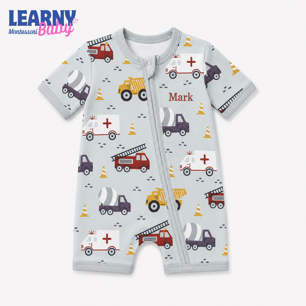Baby Bamboo Convertible Zippy – Personalized Construction Vehicle Romper