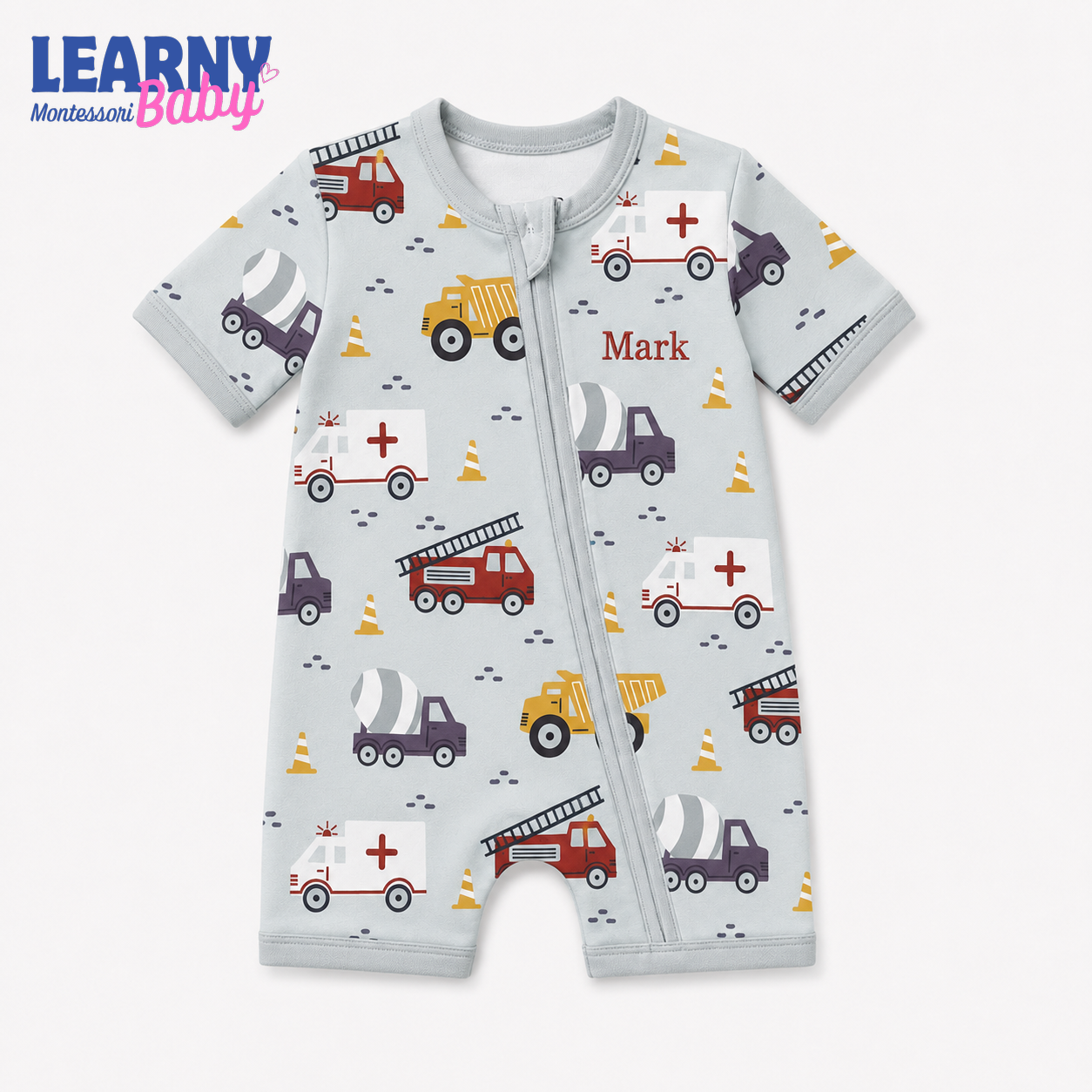 Baby Bamboo Convertible Zippy – Personalized Construction Vehicle Romper
