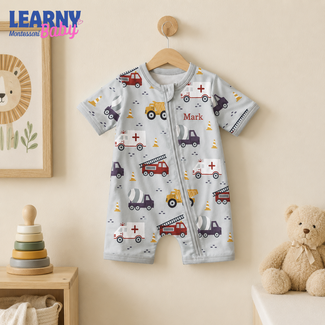 Baby Bamboo Convertible Zippy – Personalized Construction Vehicle Romper