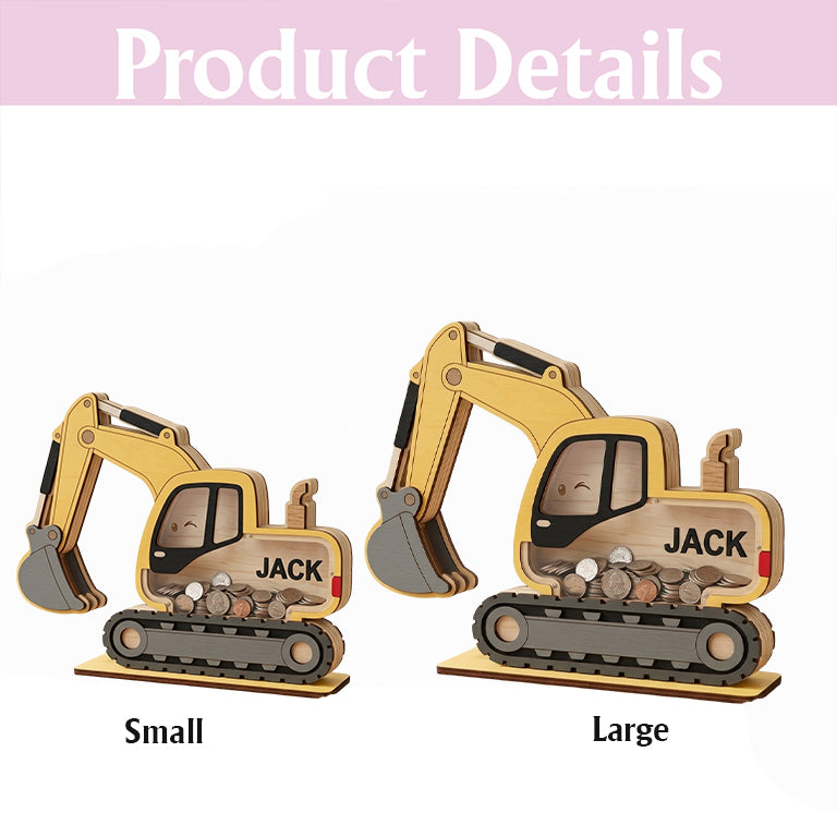 Personalized Excavator Piggy Bank, Construction Truck Coin Bank, Custom Name Kids Bank, Boy Nursery Decor, Toddler Gift, Wooden Money Box