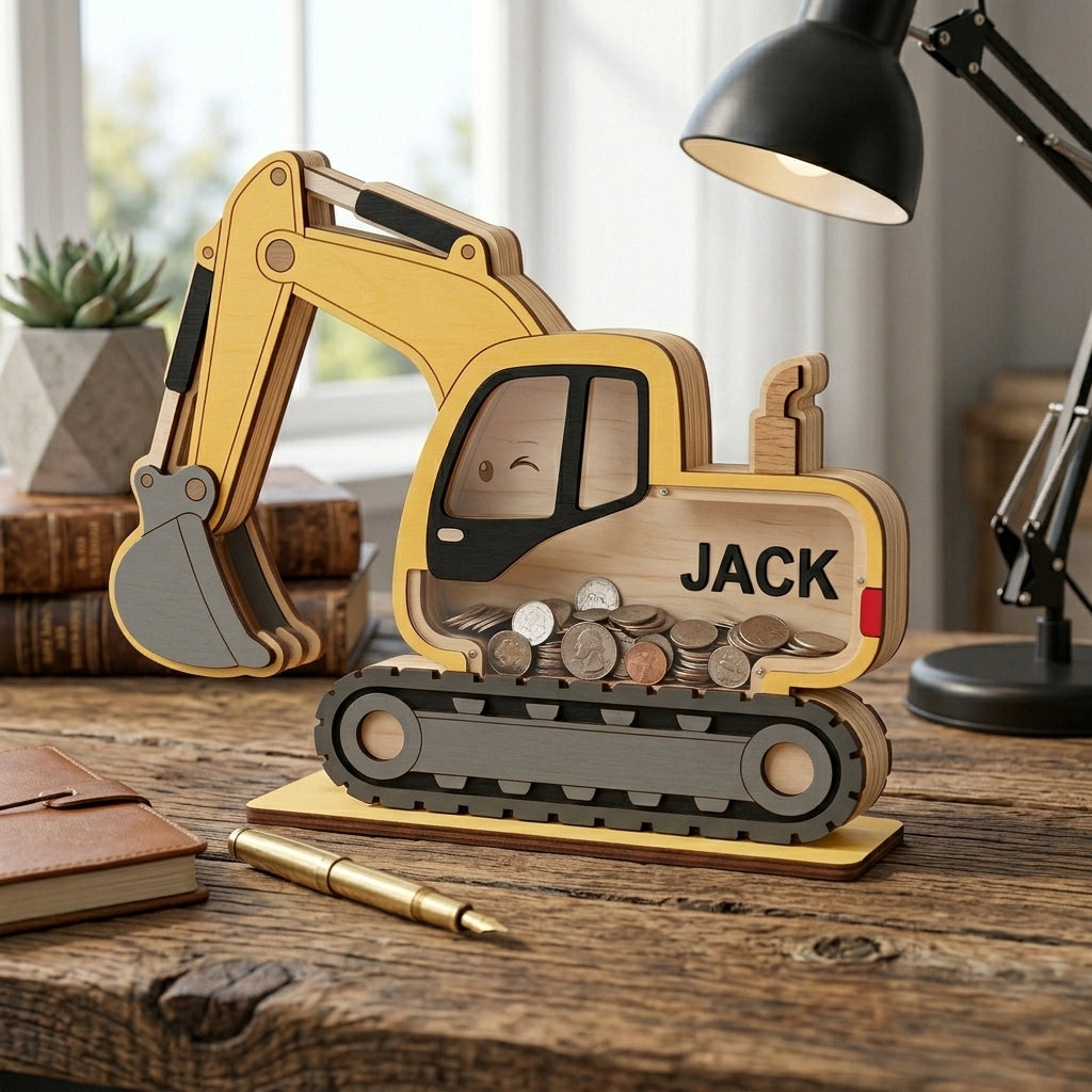Personalized Excavator Piggy Bank, Construction Truck Coin Bank, Custom Name Kids Bank, Boy Nursery Decor, Toddler Gift, Wooden Money Box
