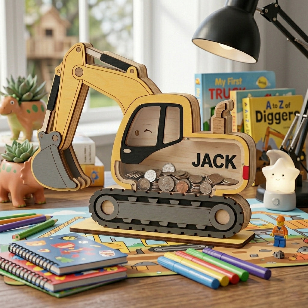 Personalized Excavator Piggy Bank, Construction Truck Coin Bank, Custom Name Kids Bank, Boy Nursery Decor, Toddler Gift, Wooden Money Box