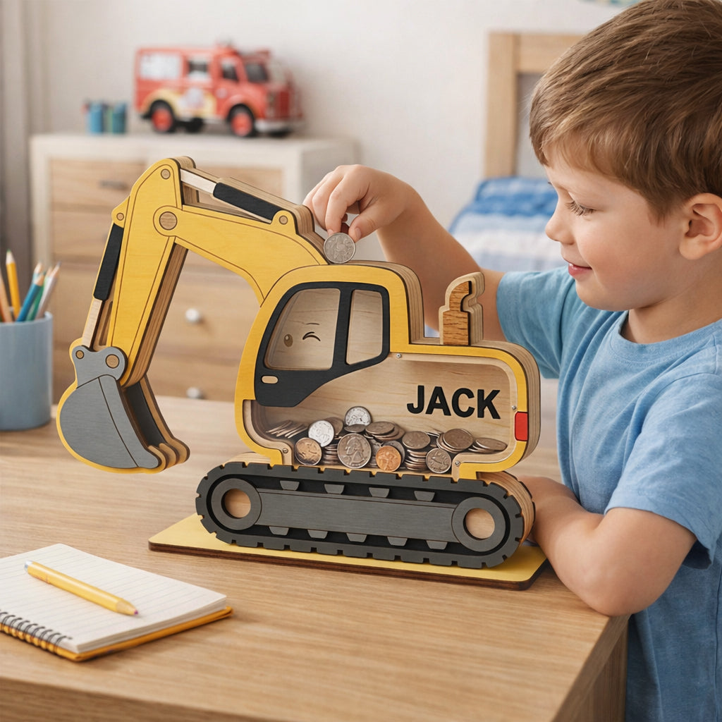 Personalized Excavator Piggy Bank, Construction Truck Coin Bank, Custom Name Kids Bank, Boy Nursery Decor, Toddler Gift, Wooden Money Box