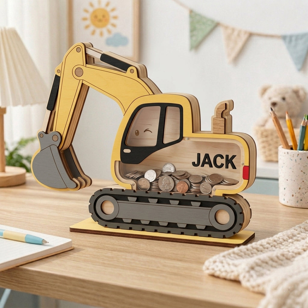 Personalized Excavator Piggy Bank, Construction Truck Coin Bank, Custom Name Kids Bank, Boy Nursery Decor, Toddler Gift, Wooden Money Box
