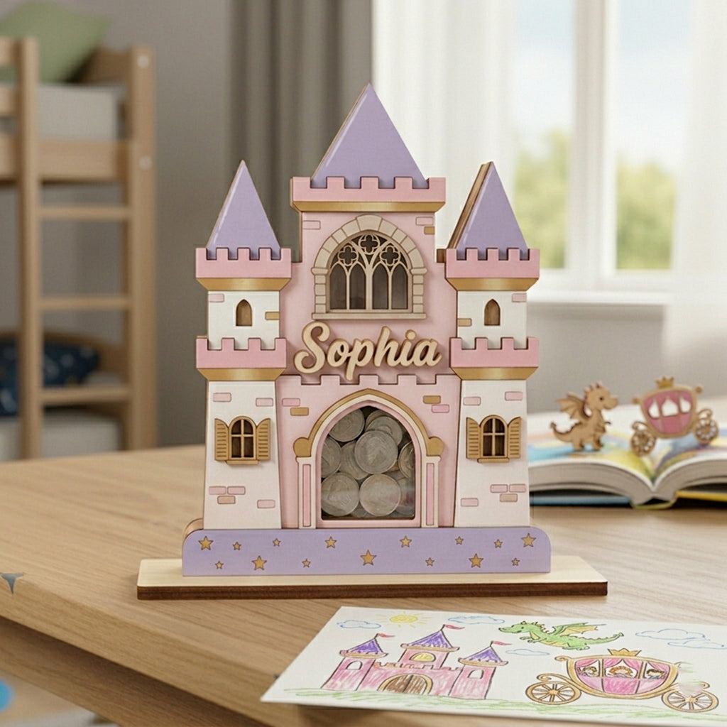 Personalized Princess Castle Piggy Bank, Custom Name Wooden Coin Bank, Girls Nursery Decor, Baby Girl Gift, Fairy Tale Money Box