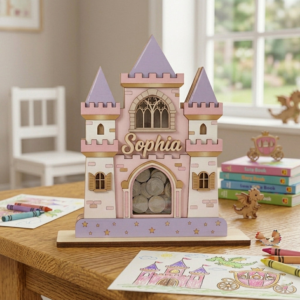Personalized Princess Castle Piggy Bank, Custom Name Wooden Coin Bank, Girls Nursery Decor, Baby Girl Gift, Fairy Tale Money Box