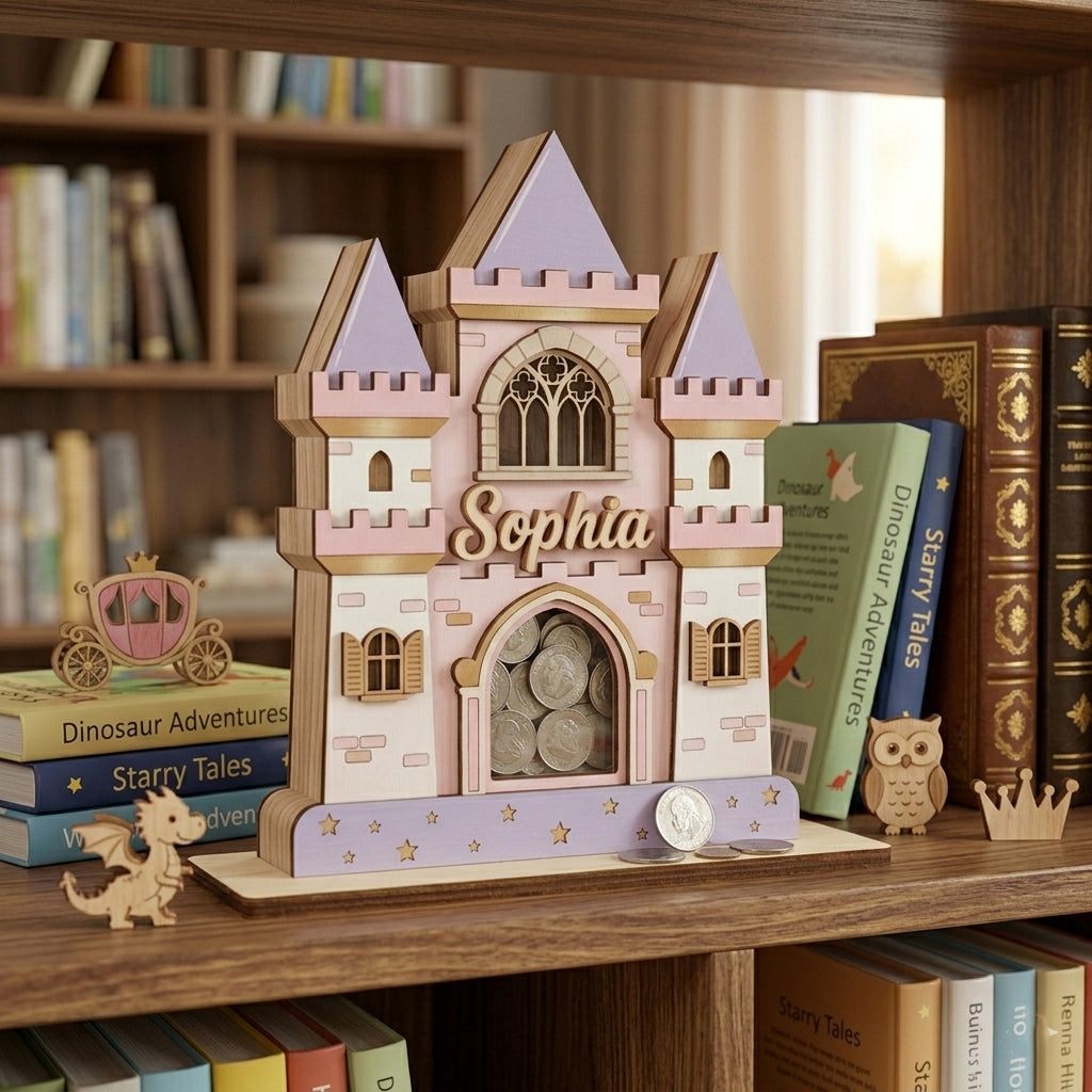 Personalized Princess Castle Piggy Bank, Custom Name Wooden Coin Bank, Girls Nursery Decor, Baby Girl Gift, Fairy Tale Money Box