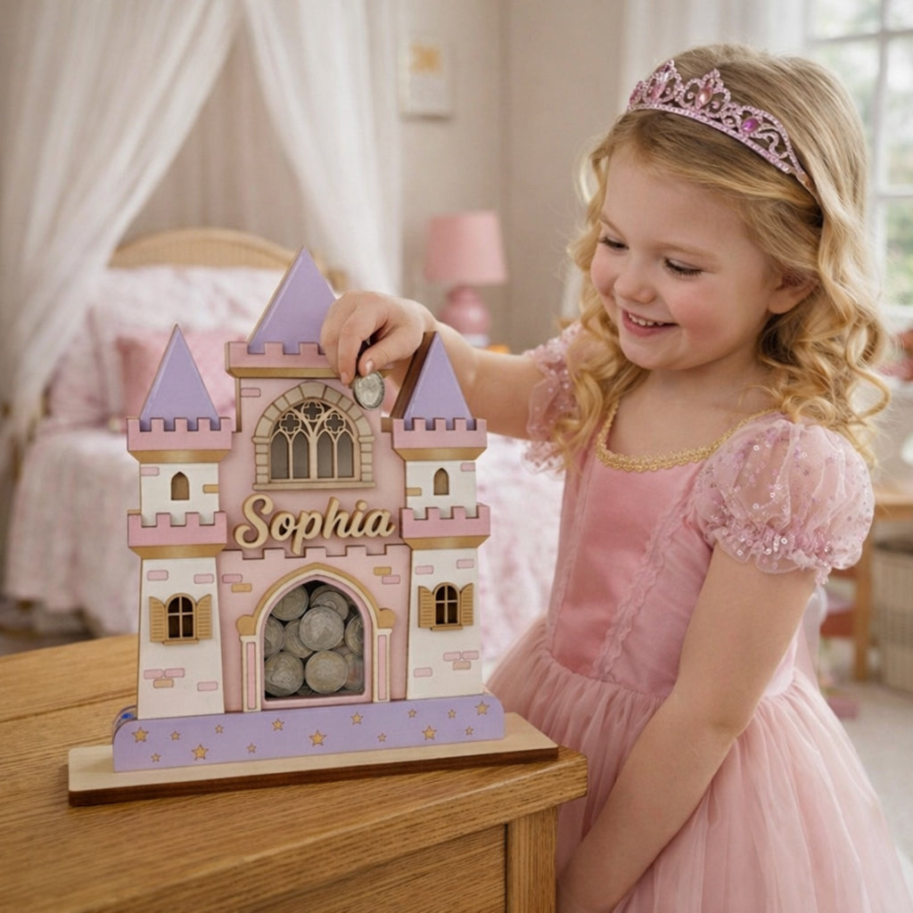 Personalized Princess Castle Piggy Bank, Custom Name Wooden Coin Bank, Girls Nursery Decor, Baby Girl Gift, Fairy Tale Money Box