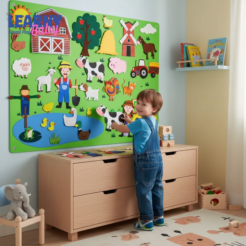 Montessori Farm Animals Felt Story Board for Toddlers – Preschool Interactive Learning Toy, Wall Hanging Felt Puzzle, Educational Gift