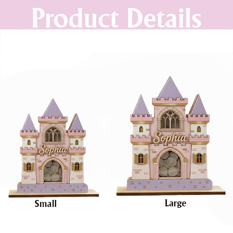 Personalized Princess Castle Piggy Bank, Custom Name Wooden Coin Bank, Girls Nursery Decor, Baby Girl Gift, Fairy Tale Money Box