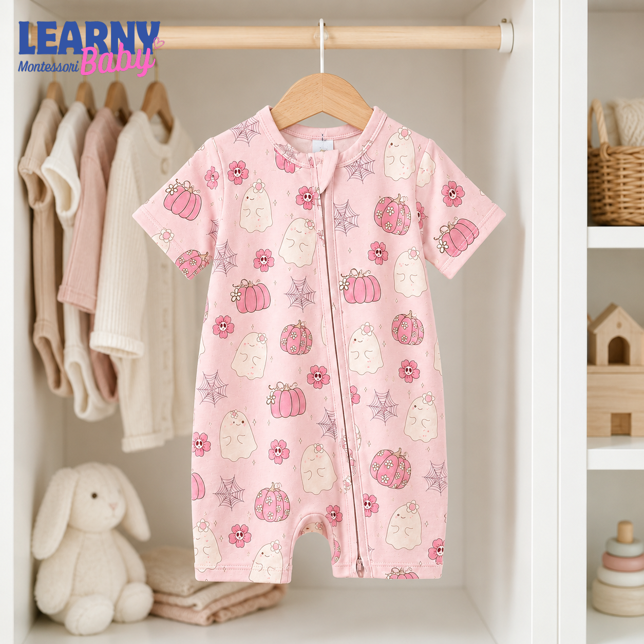 Pink Floral Ghost & Pumpkin Convertible Zippy – Baby’s First Halloween Outfit