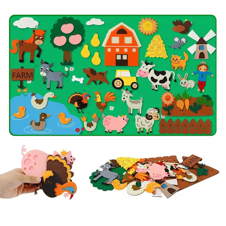 Montessori Farm Animals Felt Story Board for Toddlers – Preschool Interactive Learning Toy, Wall Hanging Felt Puzzle, Educational Gift