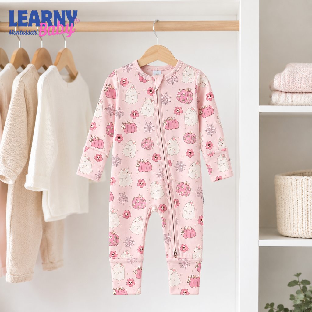 Pink Floral Ghost & Pumpkin Convertible Zippy – Baby’s First Halloween Outfit