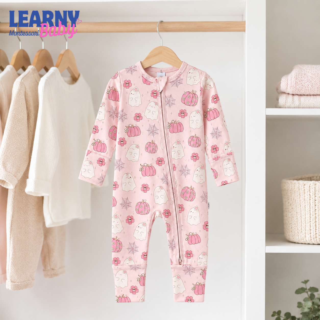 Pink Floral Ghost & Pumpkin Convertible Zippy – Baby’s First Halloween Outfit