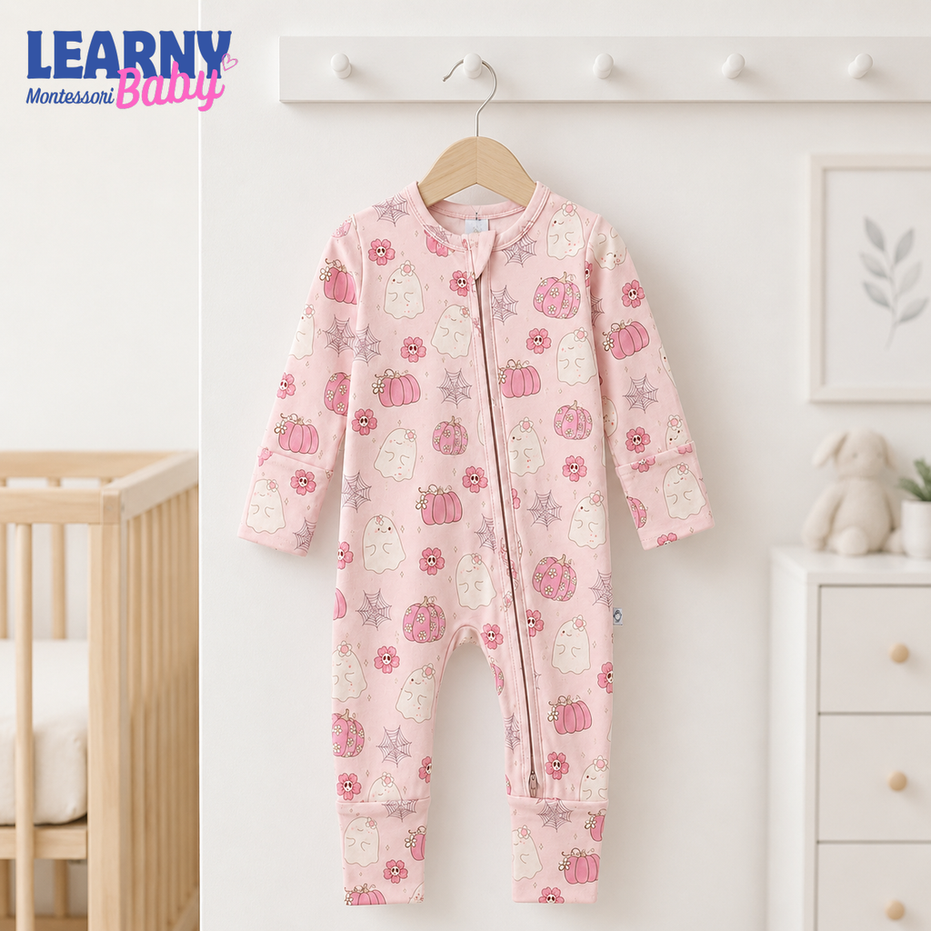 Pink Floral Ghost & Pumpkin Convertible Zippy – Baby’s First Halloween Outfit