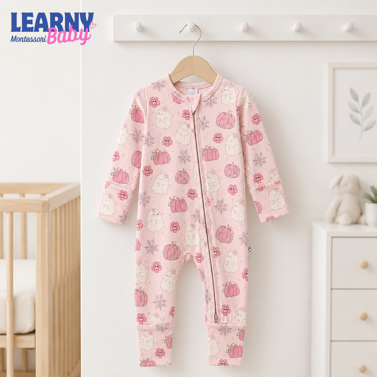 Pink Floral Ghost & Pumpkin Convertible Zippy – Baby’s First Halloween Outfit