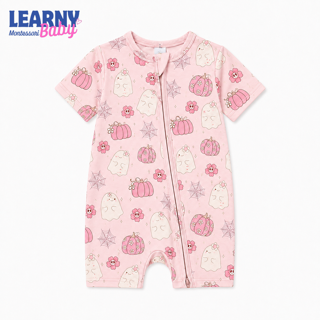Pink Floral Ghost & Pumpkin Convertible Zippy – Baby’s First Halloween Outfit