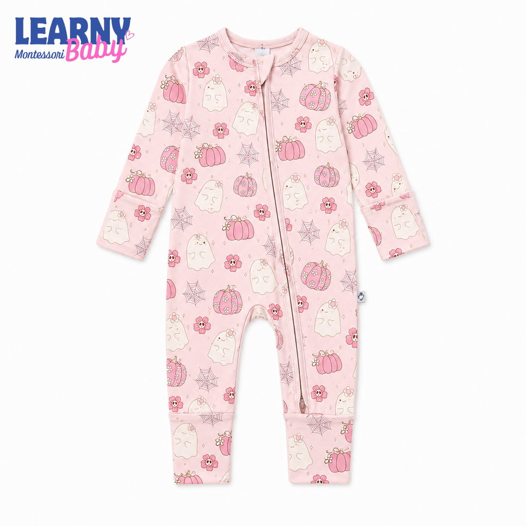 Pink Floral Ghost & Pumpkin Convertible Zippy – Baby’s First Halloween Outfit