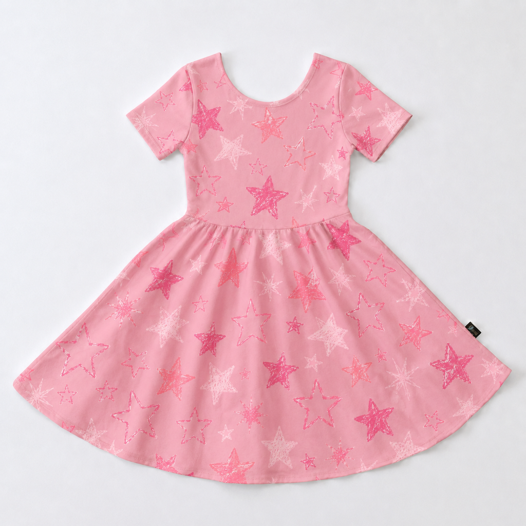 Pink Scribble Stars Bamboo Twirl Dress for Girls – Soft Short Sleeve Dress