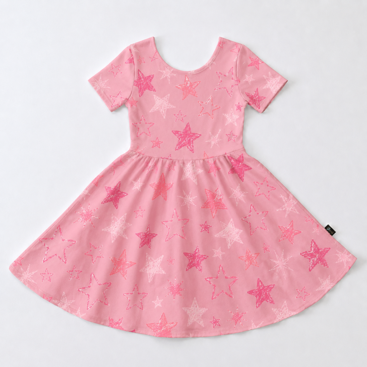 Pink Scribble Stars Bamboo Twirl Dress for Girls – Soft Short Sleeve Dress