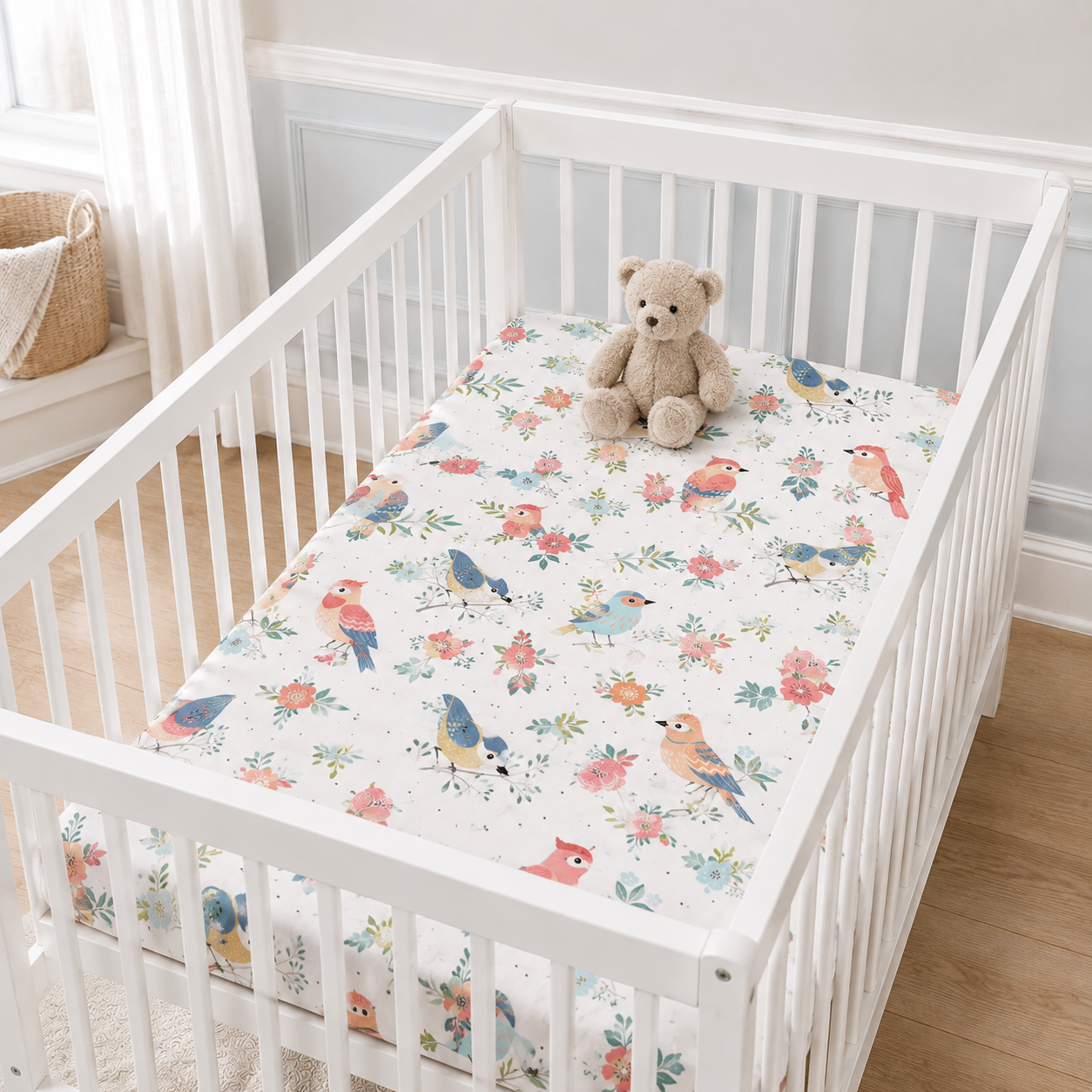 Floral Garden Birds Bamboo Fitted Crib Sheet – Baby Girl Nursery Bedding