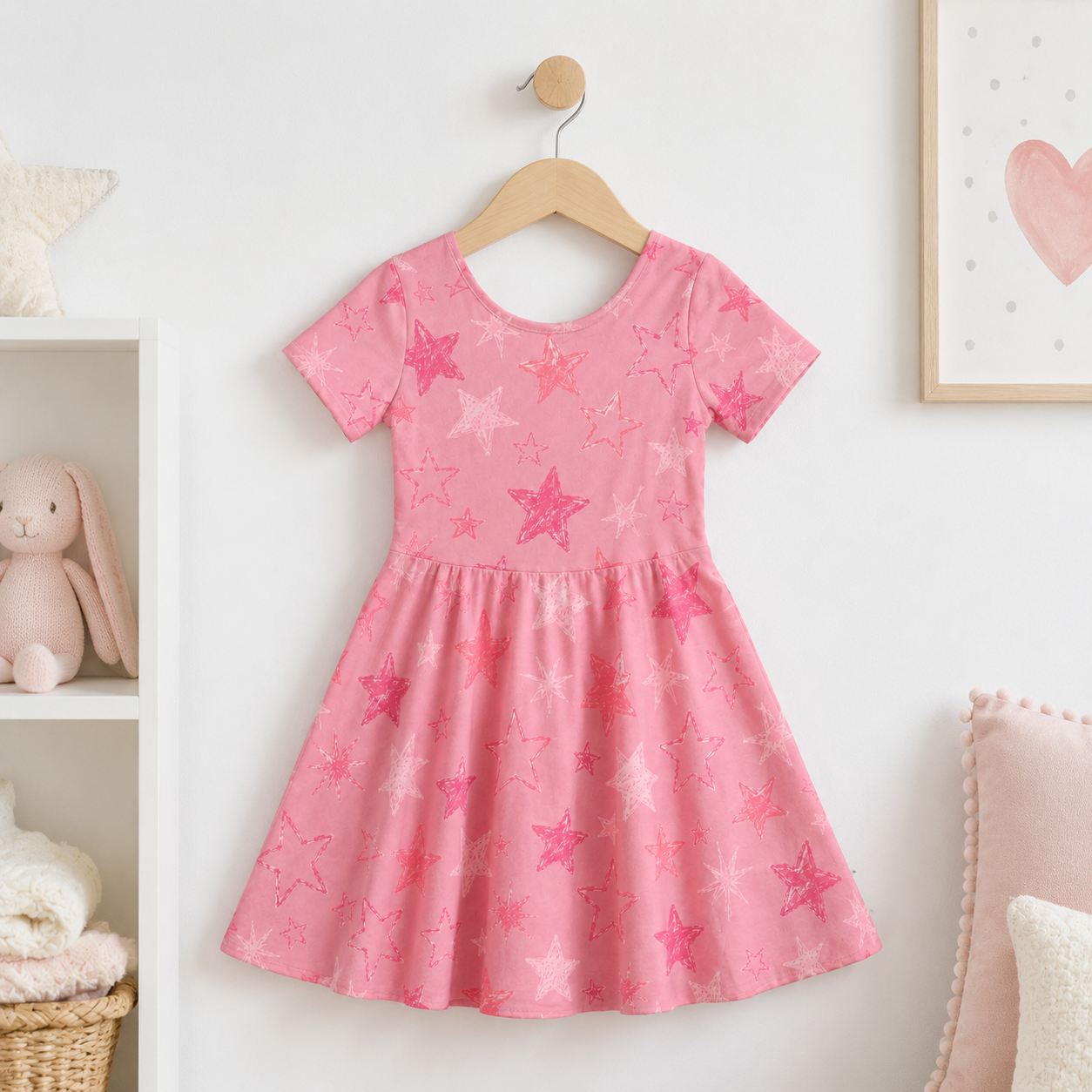 Pink Scribble Stars Bamboo Twirl Dress for Girls – Soft Short Sleeve Dress