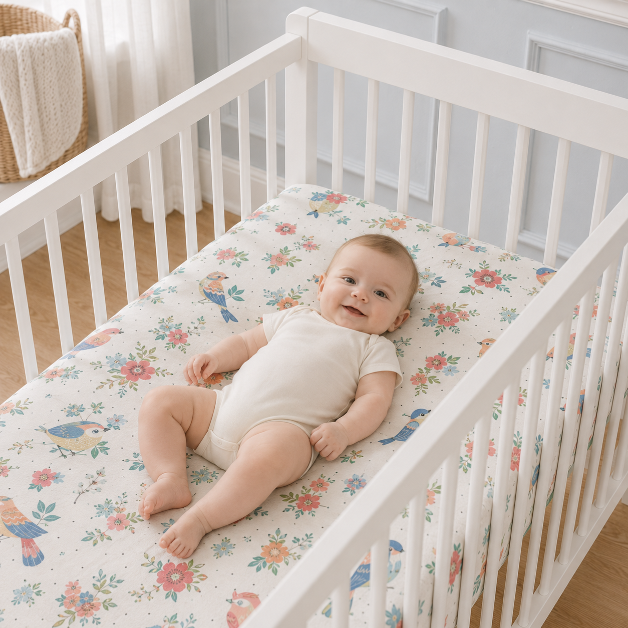 Floral Garden Birds Bamboo Fitted Crib Sheet – Baby Girl Nursery Bedding