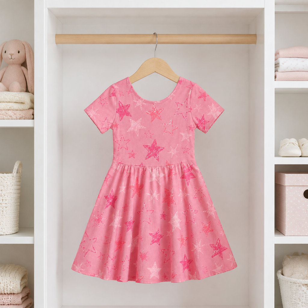 Pink Scribble Stars Bamboo Twirl Dress for Girls – Soft Short Sleeve Dress
