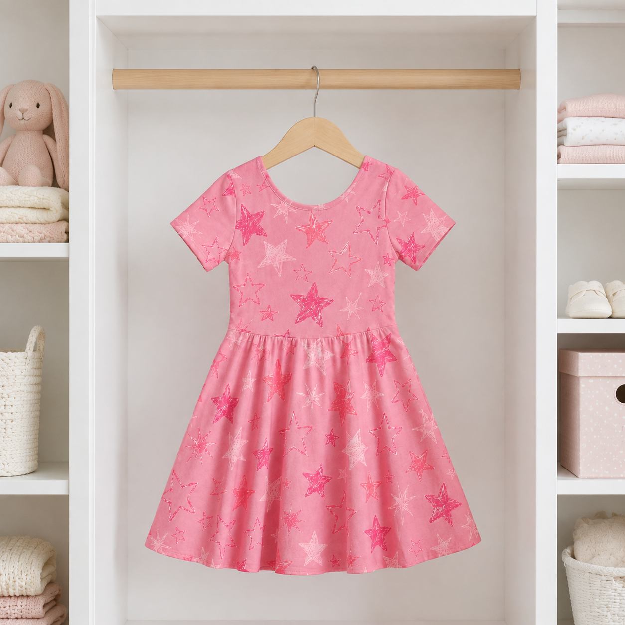 Pink Scribble Stars Bamboo Twirl Dress for Girls – Soft Short Sleeve Dress