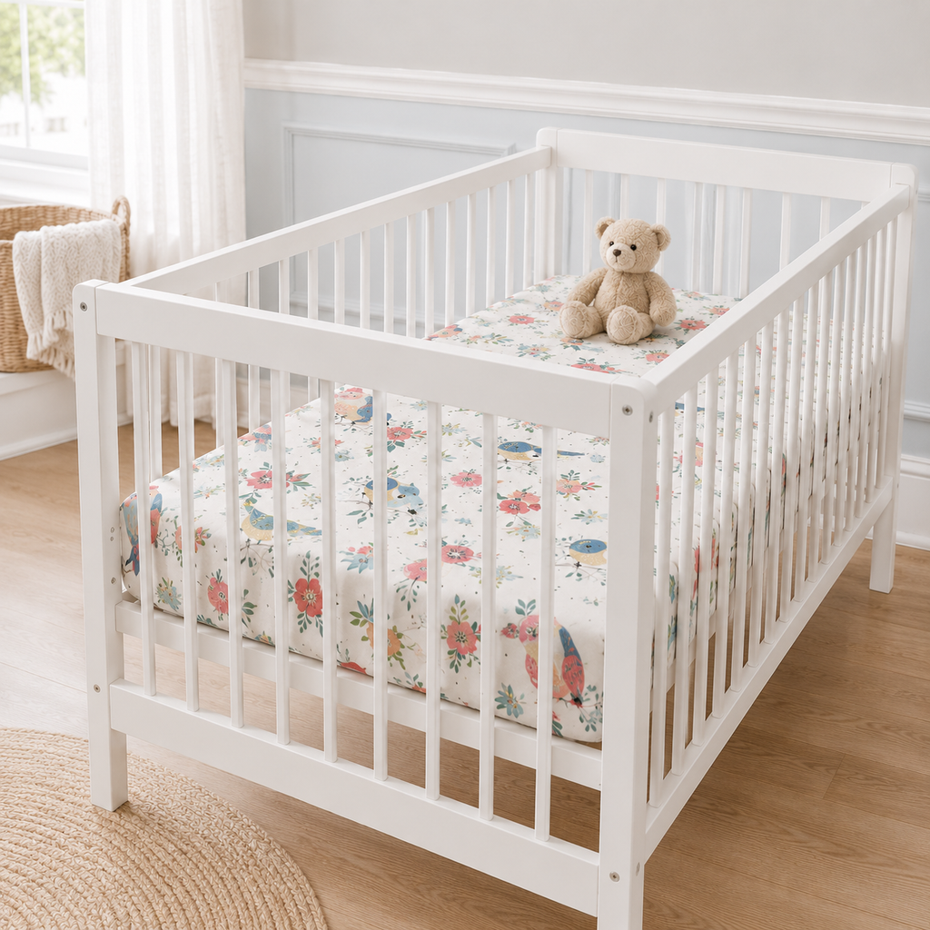 Floral Garden Birds Bamboo Fitted Crib Sheet – Baby Girl Nursery Bedding