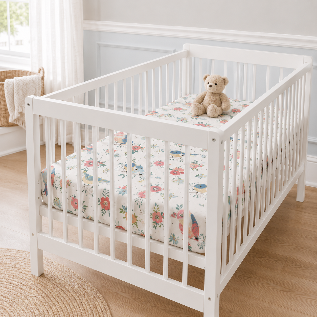 Floral Garden Birds Bamboo Fitted Crib Sheet – Baby Girl Nursery Bedding