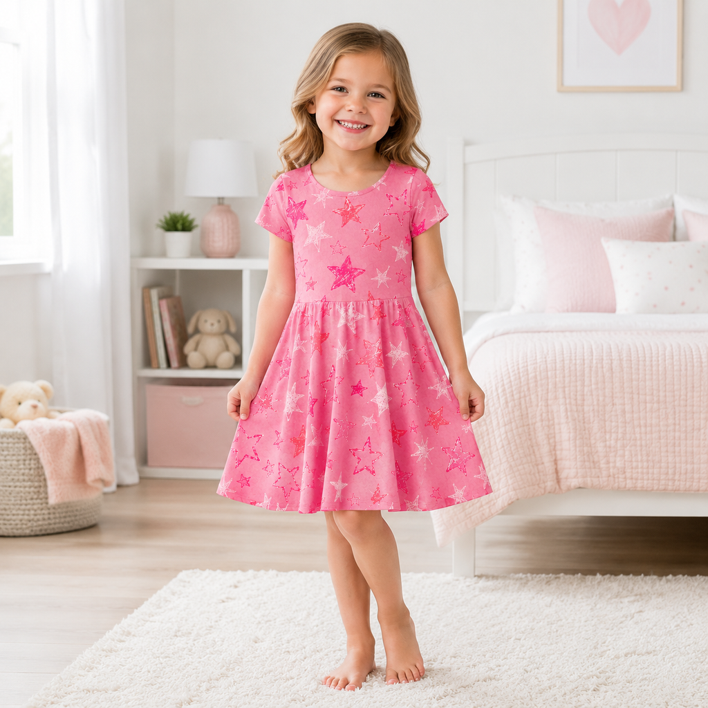 Pink Scribble Stars Bamboo Twirl Dress for Girls – Soft Short Sleeve Dress