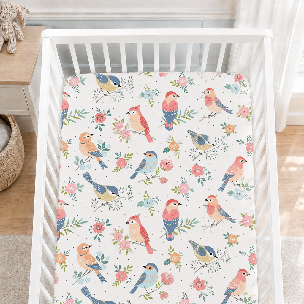 Floral Garden Birds Bamboo Fitted Crib Sheet – Baby Girl Nursery Bedding