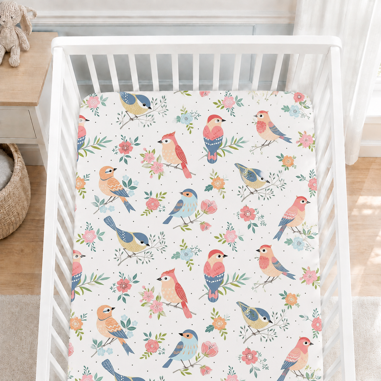 Floral Garden Birds Bamboo Fitted Crib Sheet – Baby Girl Nursery Bedding