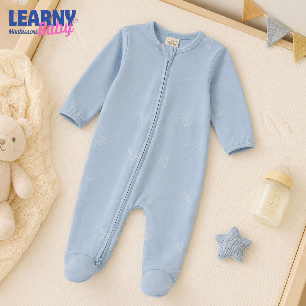 Blue Paper Airplane Bamboo Zippy Footie – Baby Zip Pajamas