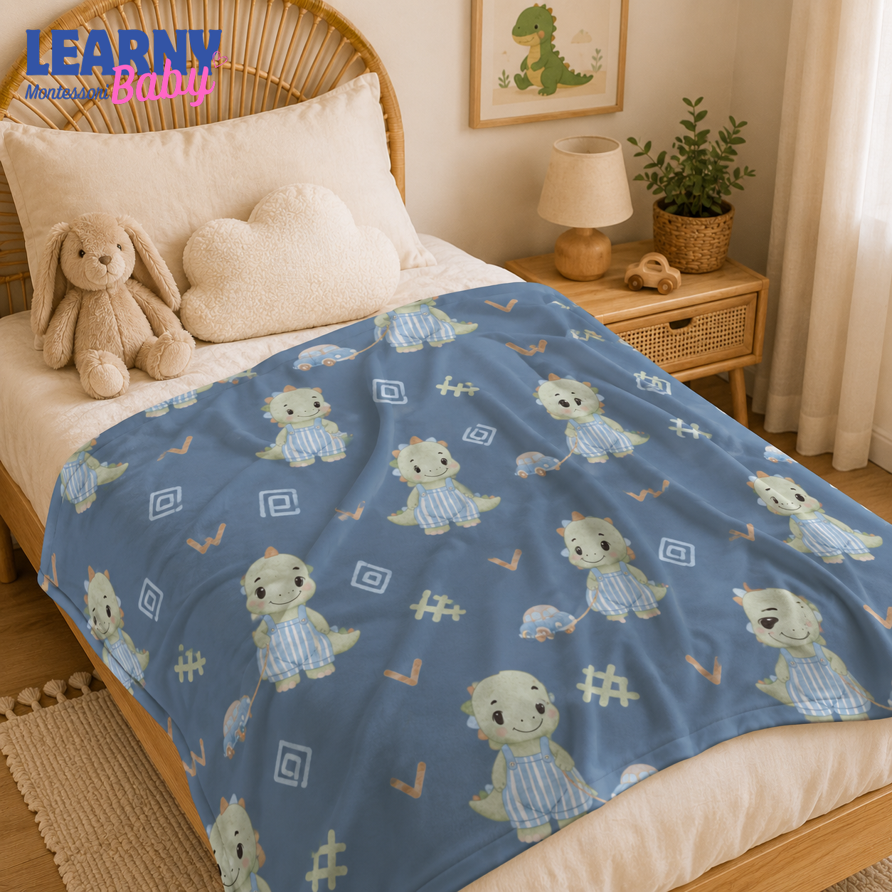Blue Dinosaur Bamboo Baby Blanket, Cute Dino and Car Nursery Blanket, Soft Newborn Receiving Blanket for Baby Boys, Shower Gift