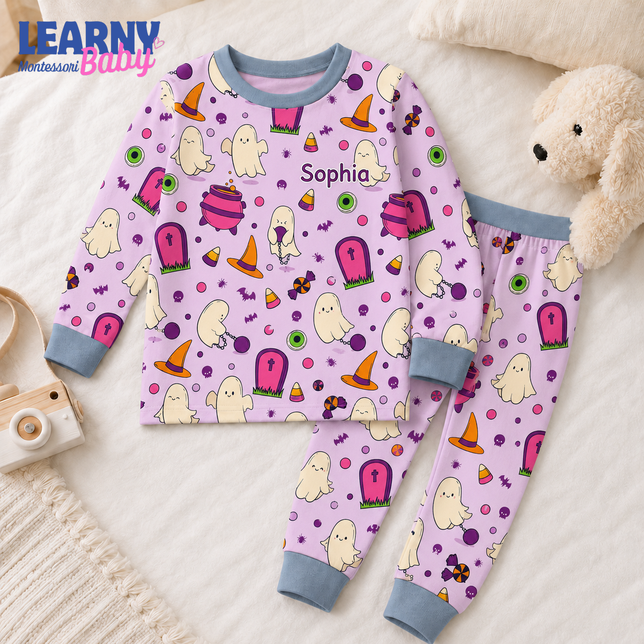 Personalized Pink Halloween Bamboo Pajamas for Girls, Custom Name Cute Ghost Witch Hat and Candy Sleepwear Set