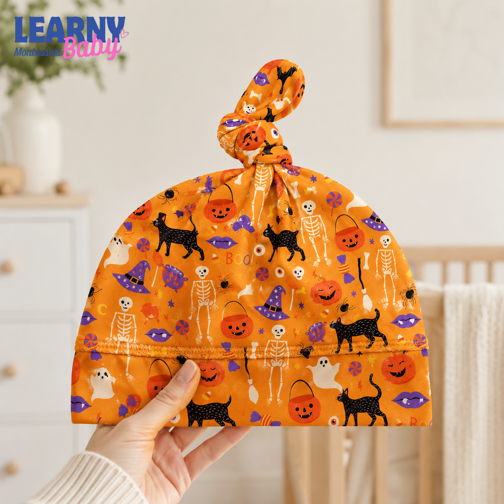 Personalized Orange Halloween Bamboo Baby Knotted Hat, Custom Name Pumpkin Skeleton Cat Newborn Beanie