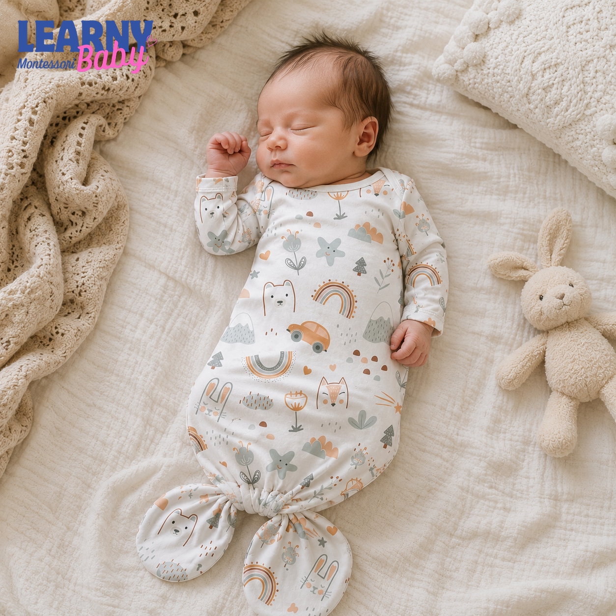 Newborn Baby Knotted Gown, Boho Rainbow Bamboo Sleeper, Gender Neutral Coming Home Outfit