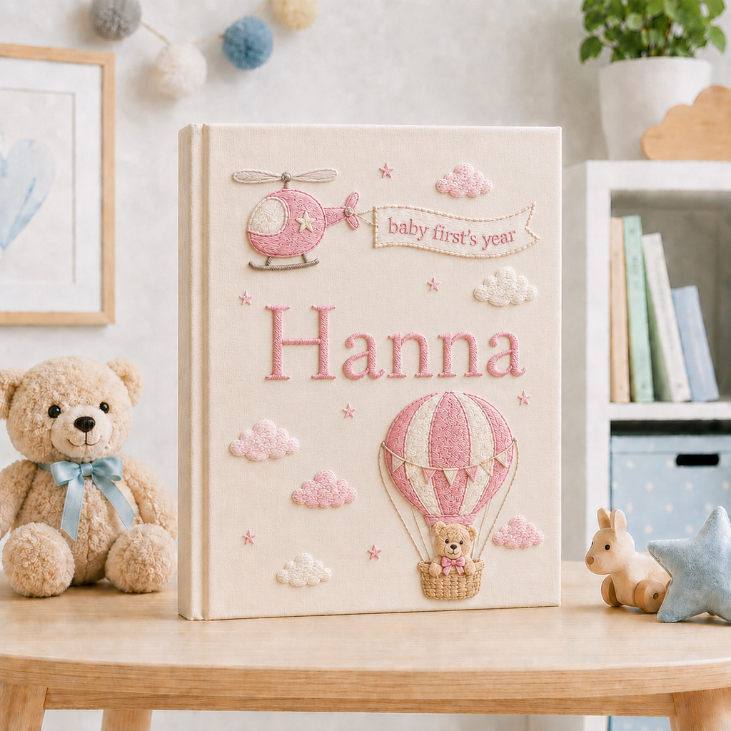 Personalized Flower Baby Photo Album, Custom Hand Embroidered Keepsake Album with Sleeves, Cute Linen Memory Book EPLB10