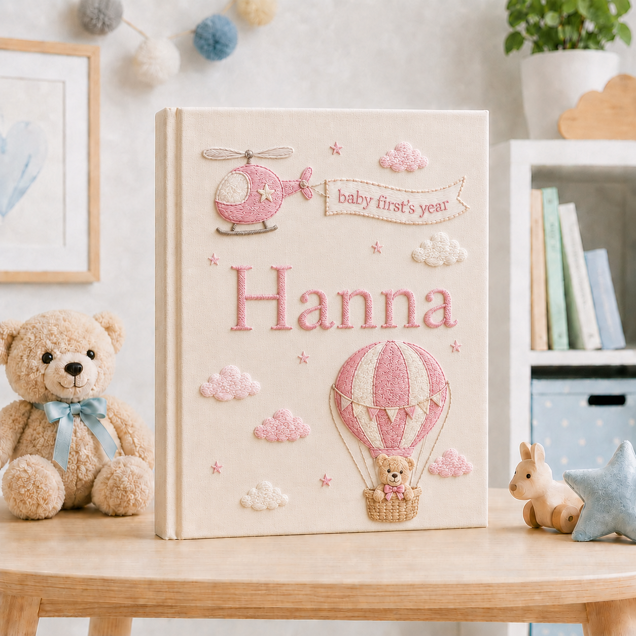 Personalized Flower Baby Photo Album, Custom Hand Embroidered Keepsake Album with Sleeves, Cute Linen Memory Book EPLB10