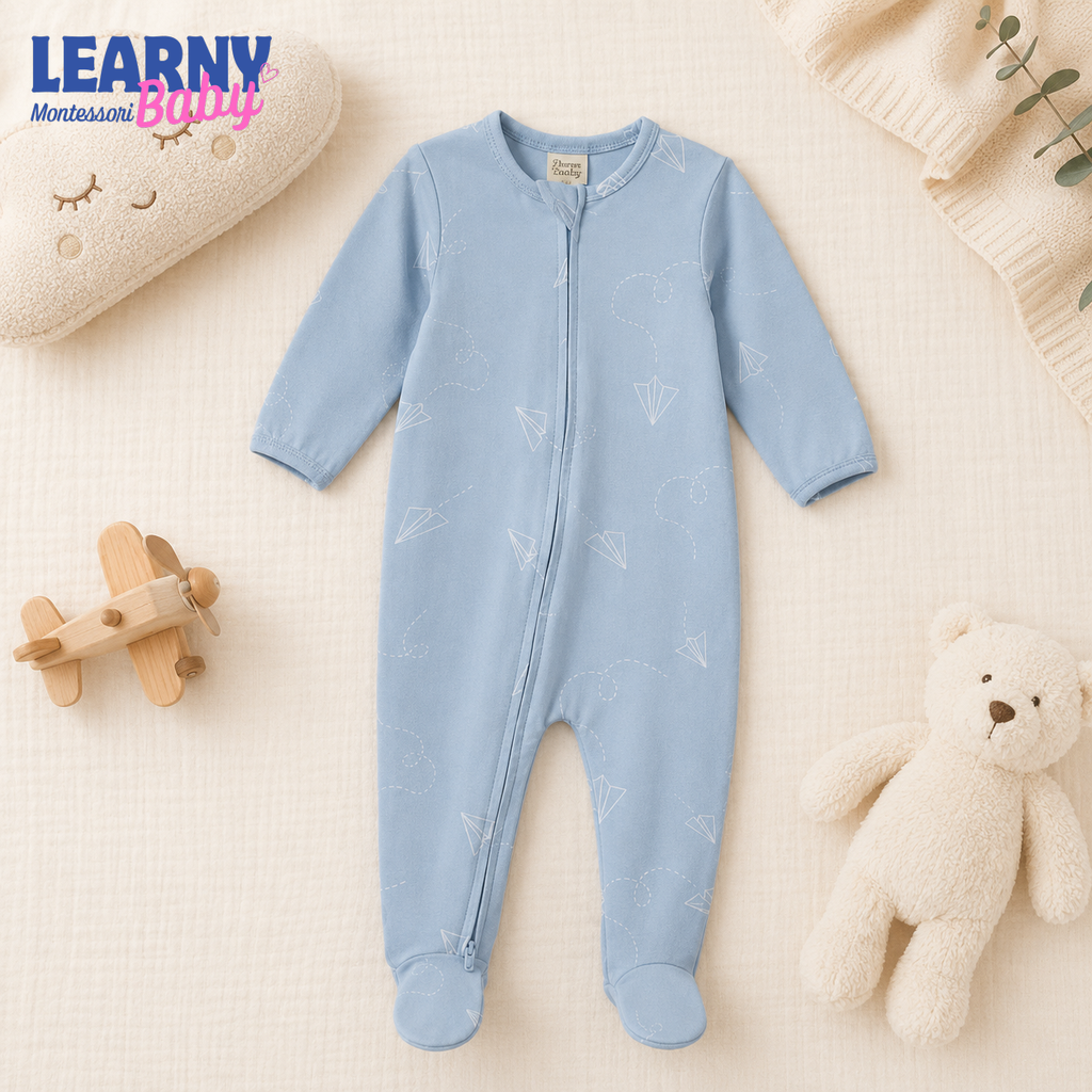 Blue Paper Airplane Bamboo Zippy Footie – Baby Zip Pajamas